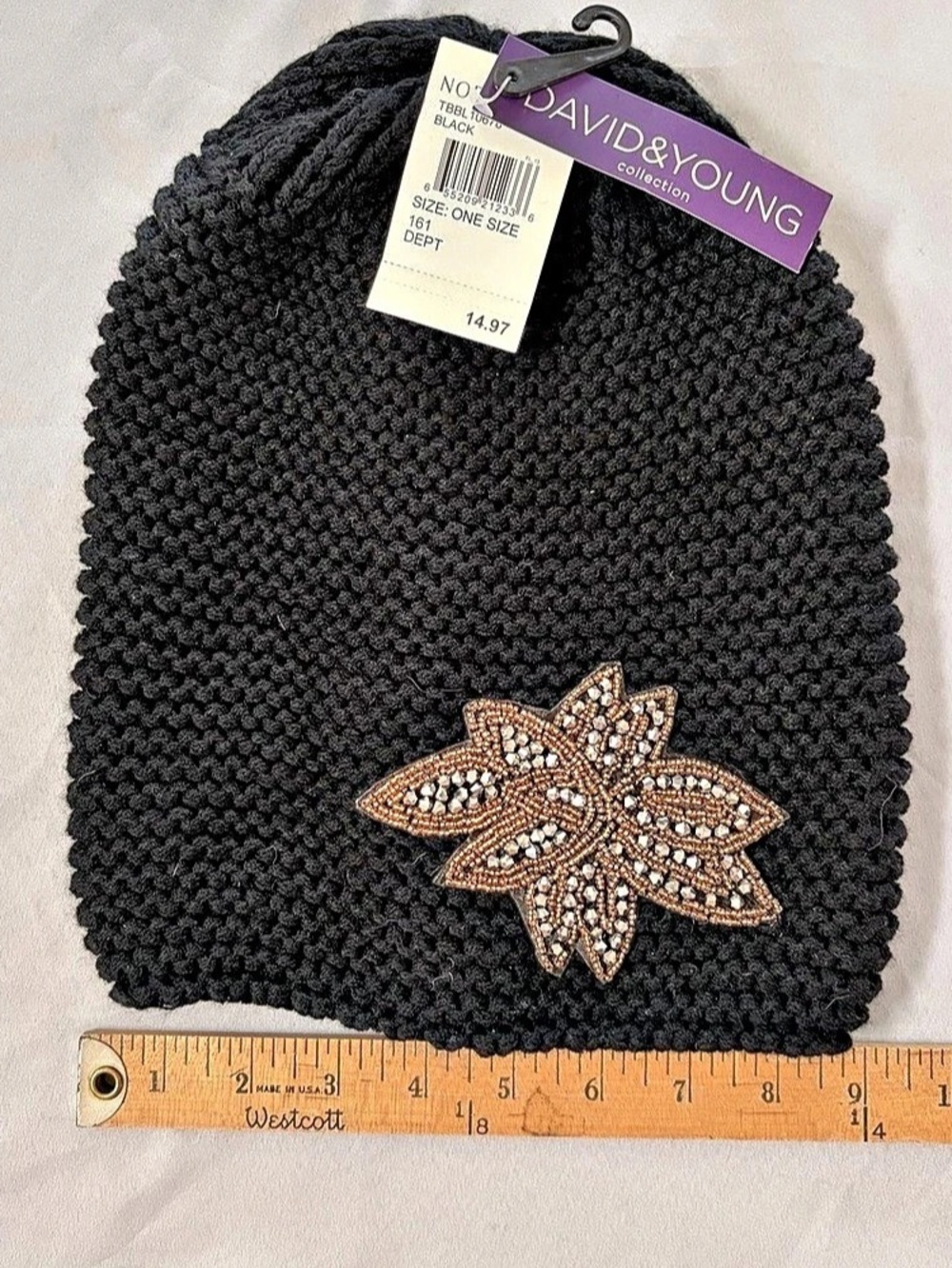 DAVID&YOUNG Embellished Black Knit Hat NWT